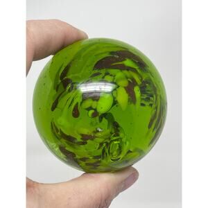 Vintage Green Blown Art Glass Millefiori Polished Bubble Paperweight